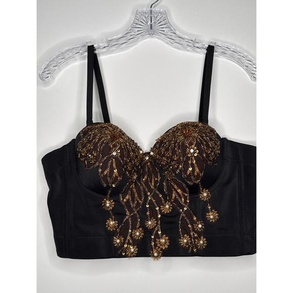Beaded sequin 3D floral Crop bustier bra top gold black removable straps large - Picture 15 of 16